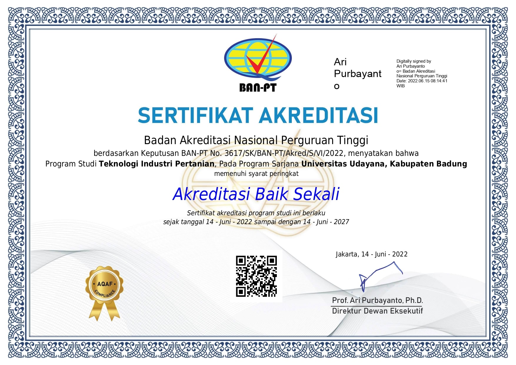Accreditation of the Bachelor of Agricultural Industrial Technology Study Program